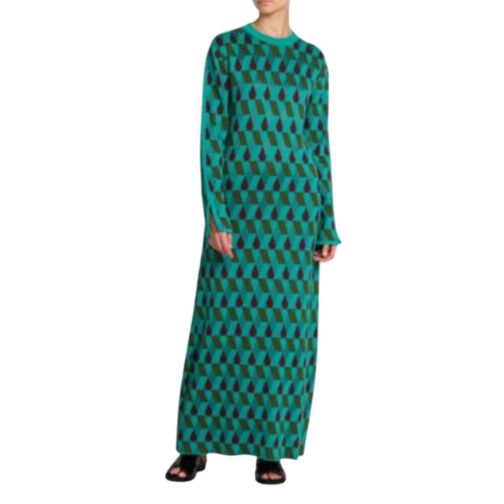 NWT La DoubleJ Diamonds Jacquard Knit Maxi Dress Womens Large Green Crew Neck - Picture 3 of 13